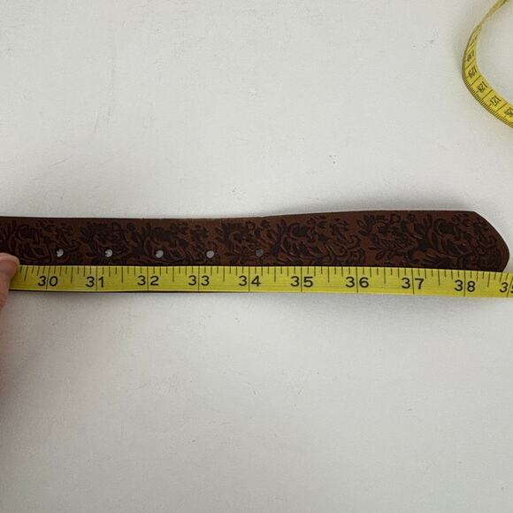 Hand Tooled Brown Leather Belt Brass Buckle Boho Western Country 30.25\